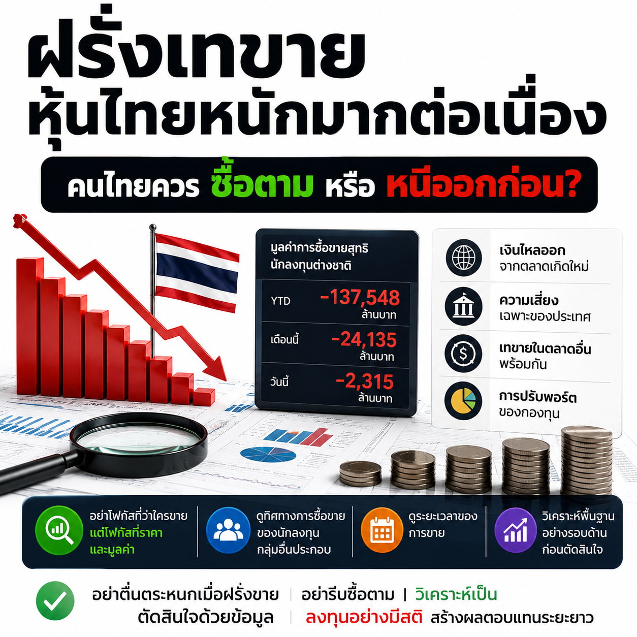 ฝรั่งเทขายหุ้นไทยหนักมากต่อเนื่อง คนไทยควรซื้อตาม หรือหนีออกก่อน?